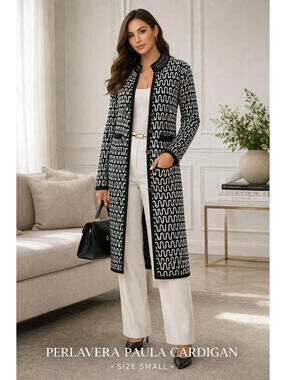 Perlavera Paula Cardigan Small Black White Knit Jacket DVF Style NWT Chic